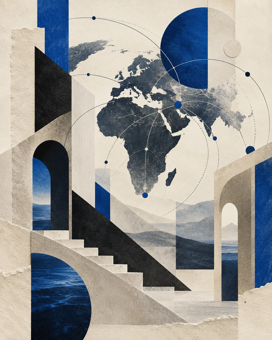 Abstract cobalt and ivory editorial composition inspired by international growth